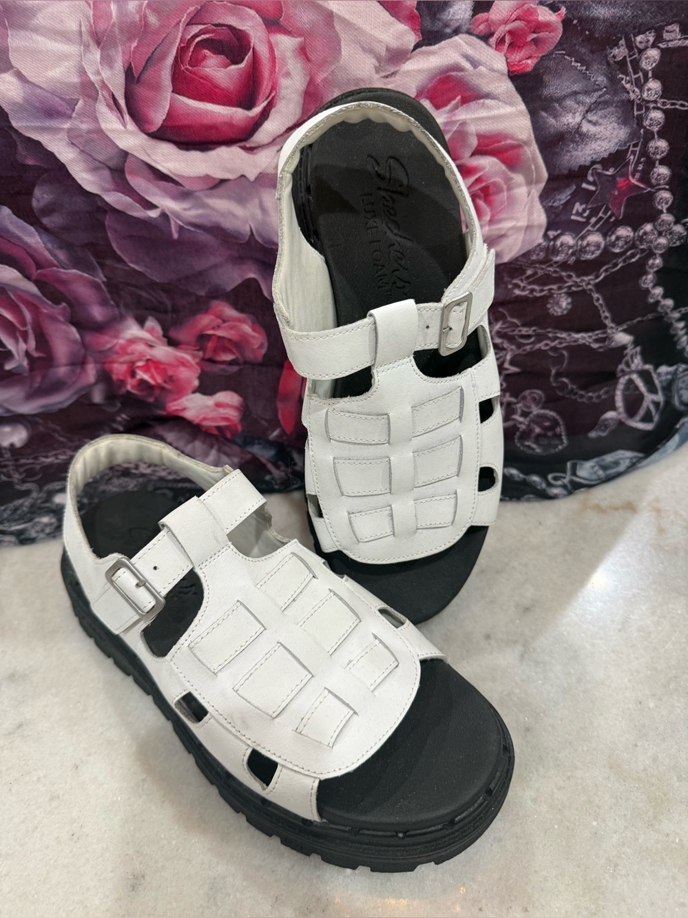 Skechers White Fisherman-Style Sandals with Black Sole - Women's Size 9